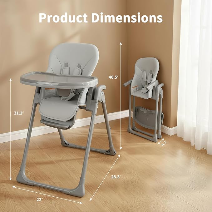 High Chair, Foldable High Chairs for Babies and Toddlers, Adjustable Height, Backrest and Footrest, Removable Tray, Gray