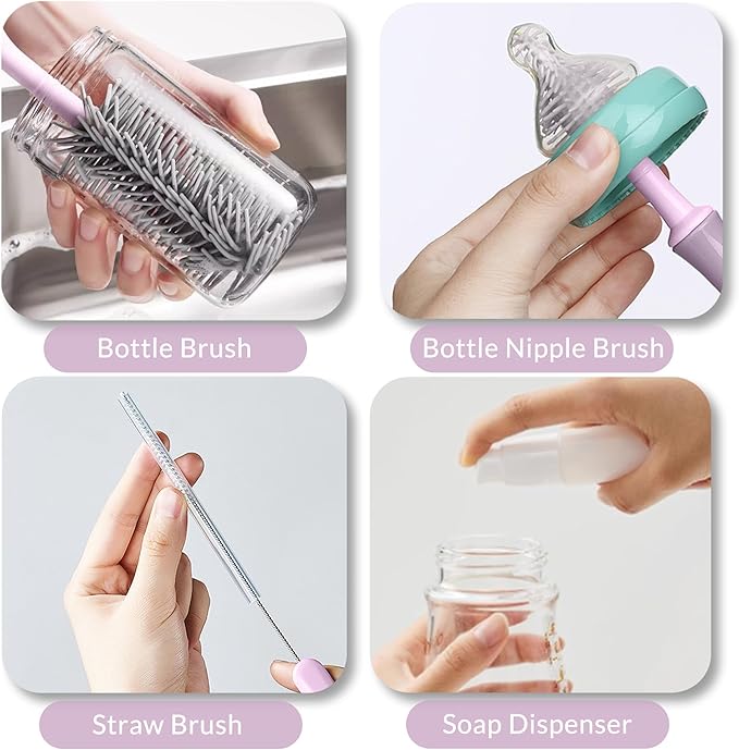 Portable Baby Bottle Brush Set with Multiple Brushes,Soap Dispenser, Foldable Bottle Drying Rack for 16 Bottles, Bottle Cleaner Brush Set for Bottles and Baby Accessories, Baby Travel Essential