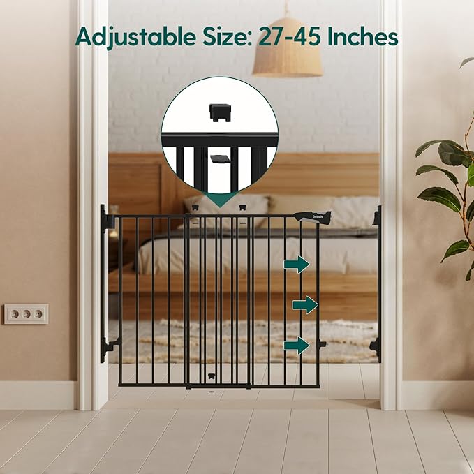 Babelio 27-45" No Bottom Bar Baby/Dog Gate with Easy Installation, 2-in-1 Auto Close Design, Suitable for The House, Stairs, and Doorways, Safety Pet Gates with Large Walk-Thru Door, Black