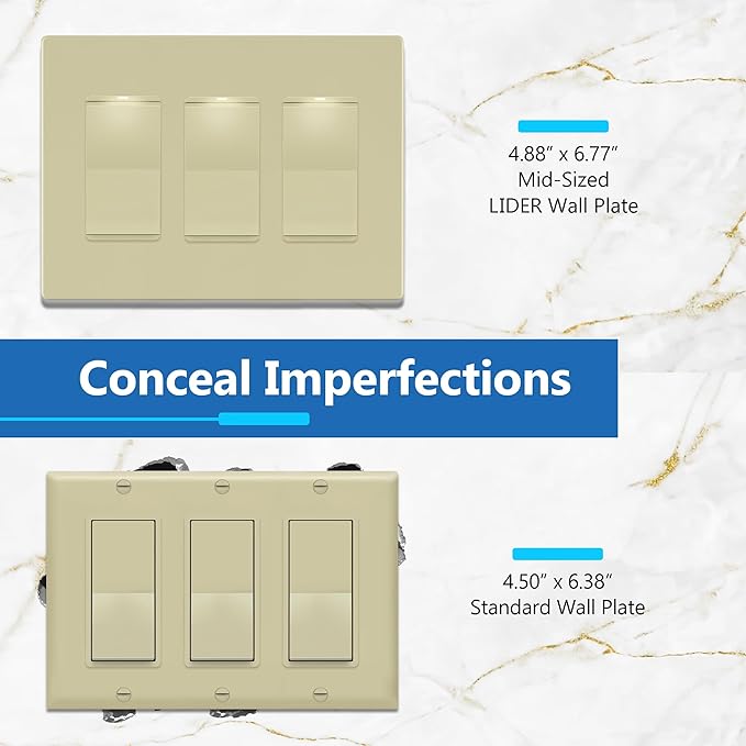 LIDER Matte Finish Decorator Switch Cover, Screwless Wall Plate, Mid-Size 3-Gang 4.88" x 6.77", Unbreakable Polycarbonate Thermoplastic, UL Listed, LSWP-33M-I, Ivory