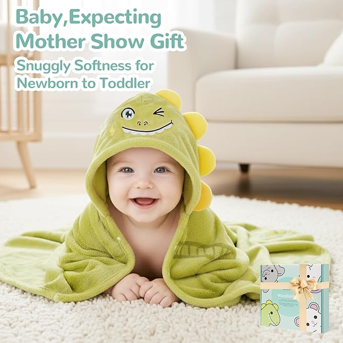 HECCEI HoodieHug Baby Towels, Premium Coral Fleece Bath Towel with Large Size-Ultra Absorbent for Baby Comfort- Great Gift for Newborn, Toddler and Kid (Dinosaur)
