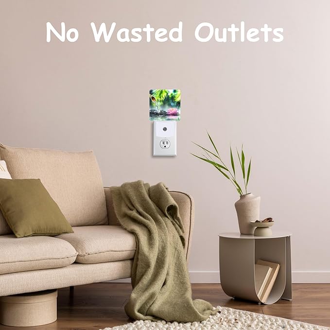 Black Stones and Pink Waterlily Night Light,Bamboo Pool Zen Garden Plug-in Night Light Auto Dusk-to-Dawn Sensor Energy Efficient LED Lamp for Room Decor,Hallway,Kitchen,Bathroom,Nursery,Stairs