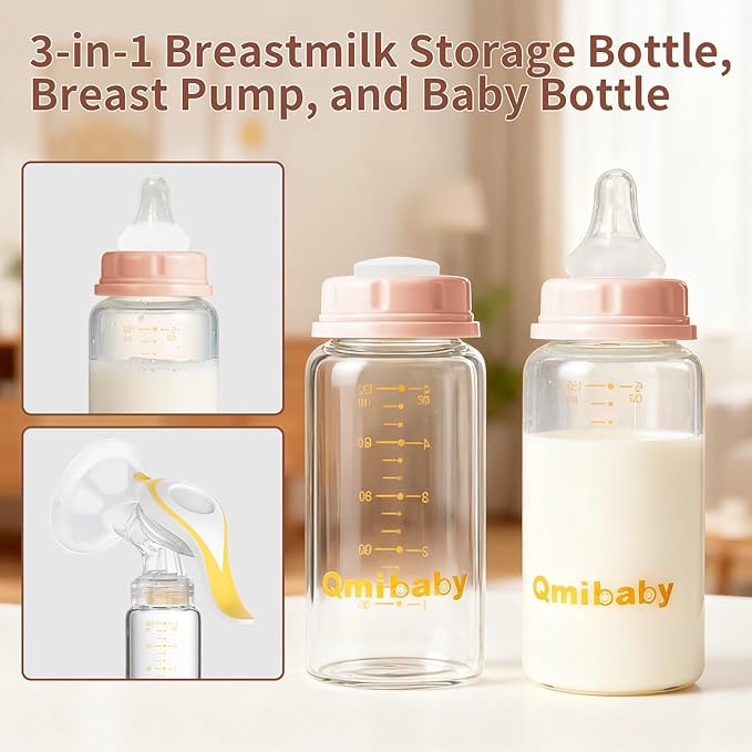Natural Glass Baby Bottle 150ml 5oz Standard Neck Breast Milk Storage Bottles Compatible with Medela Breast Pumps for Breastmilk Storage Bottle Breastfeeding BPA-Free 4 Pack (Grey+Pink Lids)