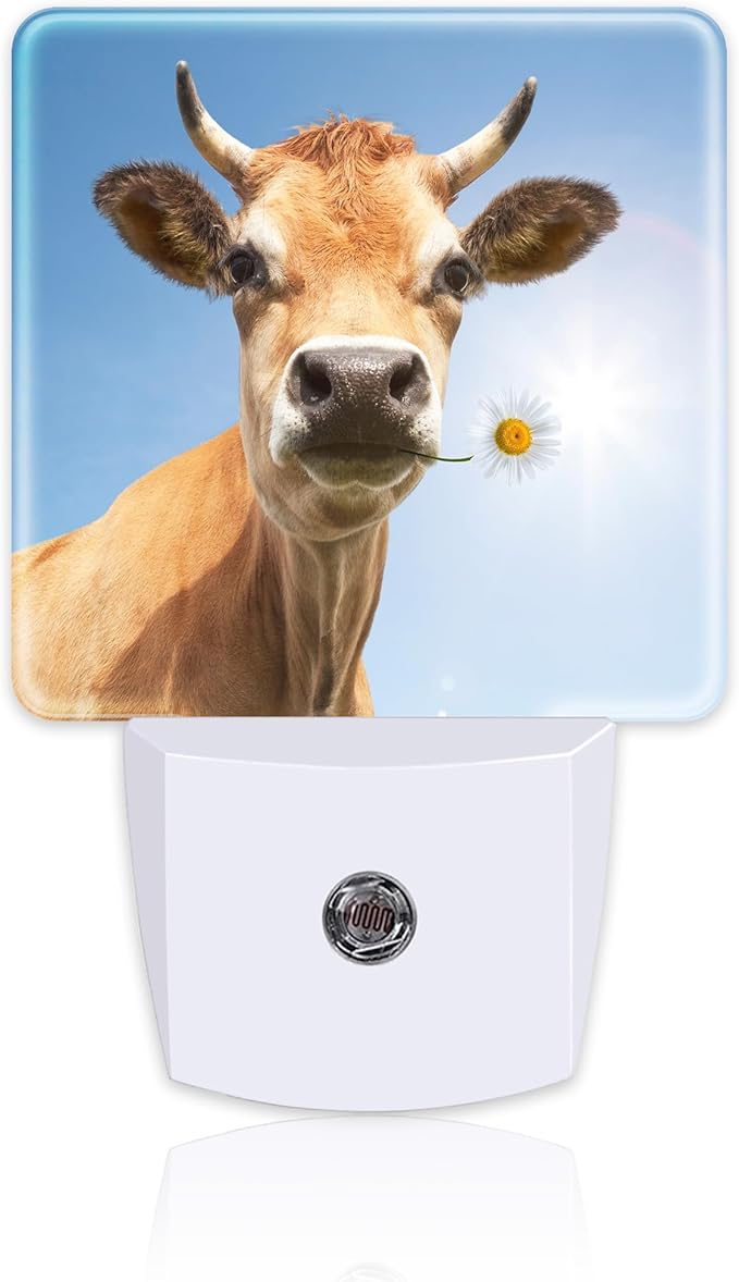 Cow Bite A Flower Night Light Plug into Wall, Cute Animal Floral Dusk to Dawn Night Light, 0.5w Energy Saving Sleep Friendly Nightlights for Kids Boys Girls Home Decor
