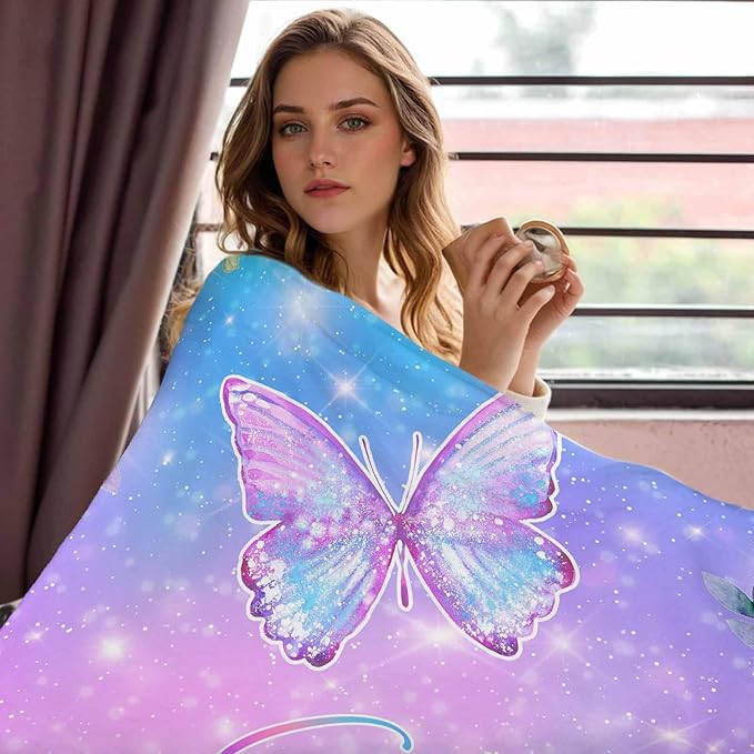Personalized Name Blanket for Girls Boys, Customized Name Blankets with Butterfly, Custom Soft Fleece Blanket with Names for Kids Teens Personalized Baby Throw Blanket for Christmas Birthday