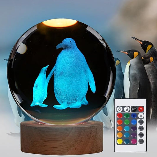 Penguin Night Light, Penguin Gifts, K9 3.15 Inch (80mm) Crystal Ball Night Light with 16 Colors Remote Upgraded Lamp for Birthday Xmas Cool Animal Figurines Gifts for Room Decor Boys Girls