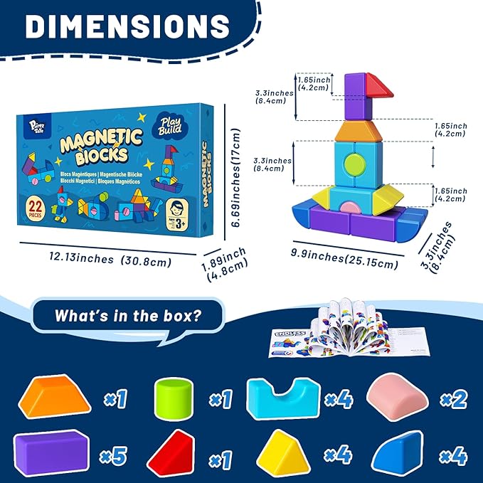 Magnetic Building Blocks for Toddlers 3+, Large Magnetic Stacking Blocks in 8 Shapes, Montessori Building Toy, Colorful Magnet Toys for Kids Ages 3-5 (22PCS)