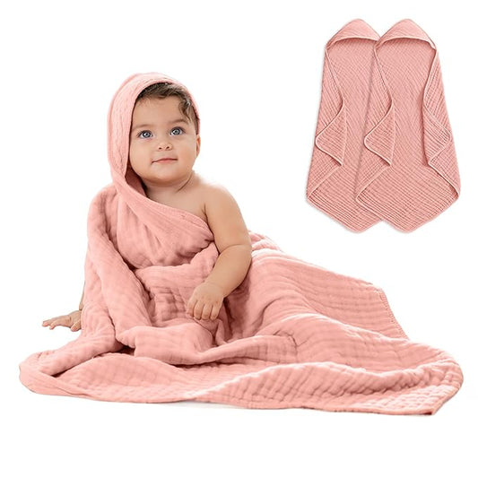 Comfy Cubs Hooded Baby Towel 2-Pack, Large 32 x 32 Inch - 6 Layer 100% Muslin Cotton for Babies, Toddlers and Kids - Soft & Absorbent Baby Bath Towels - Unisex Design for Bath Time - Bold Blush