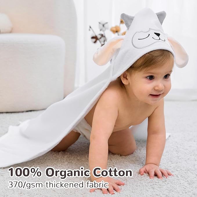 Viviland Hooded Baby Towels, Soft 100% Cotton Baby Bath Towels with Hood, Extra Thick and Absorbent, Essential for Newborns, Kids, Infants - Girls and Boys (Sheep)