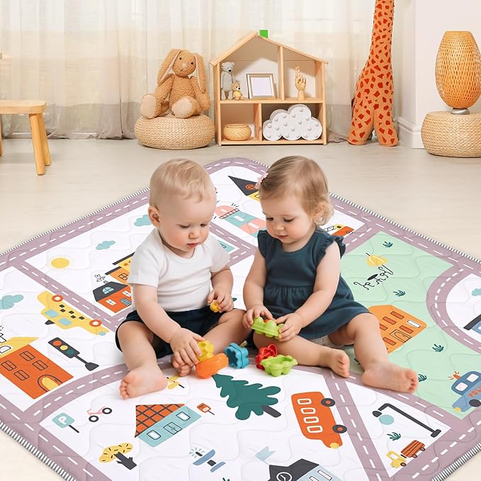Baby Play Mat for Floor,Soft 50x50 Playpen Mat,Thick Foam Cushioned Playmat for Tummy Time,Safe Non-Slip Backing for Crawling for Kids Toddlers Infants,City Road