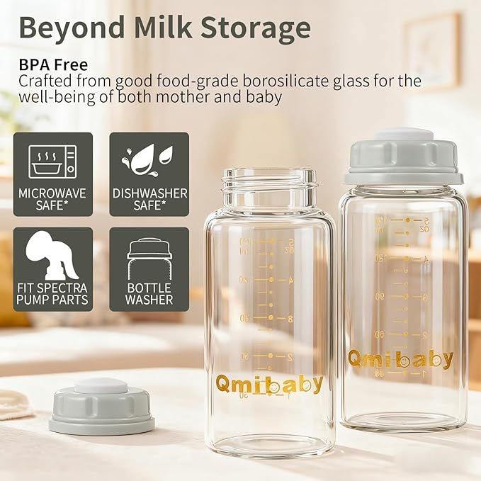 Natural Glass Baby Bottle 150ml 5oz Standard Neck Breast Milk Storage Bottles Compatible with Medela Breast Pumps for Breastmilk Storage Bottle Breastfeeding BPA-Free 4 Pack (Grey Lids)