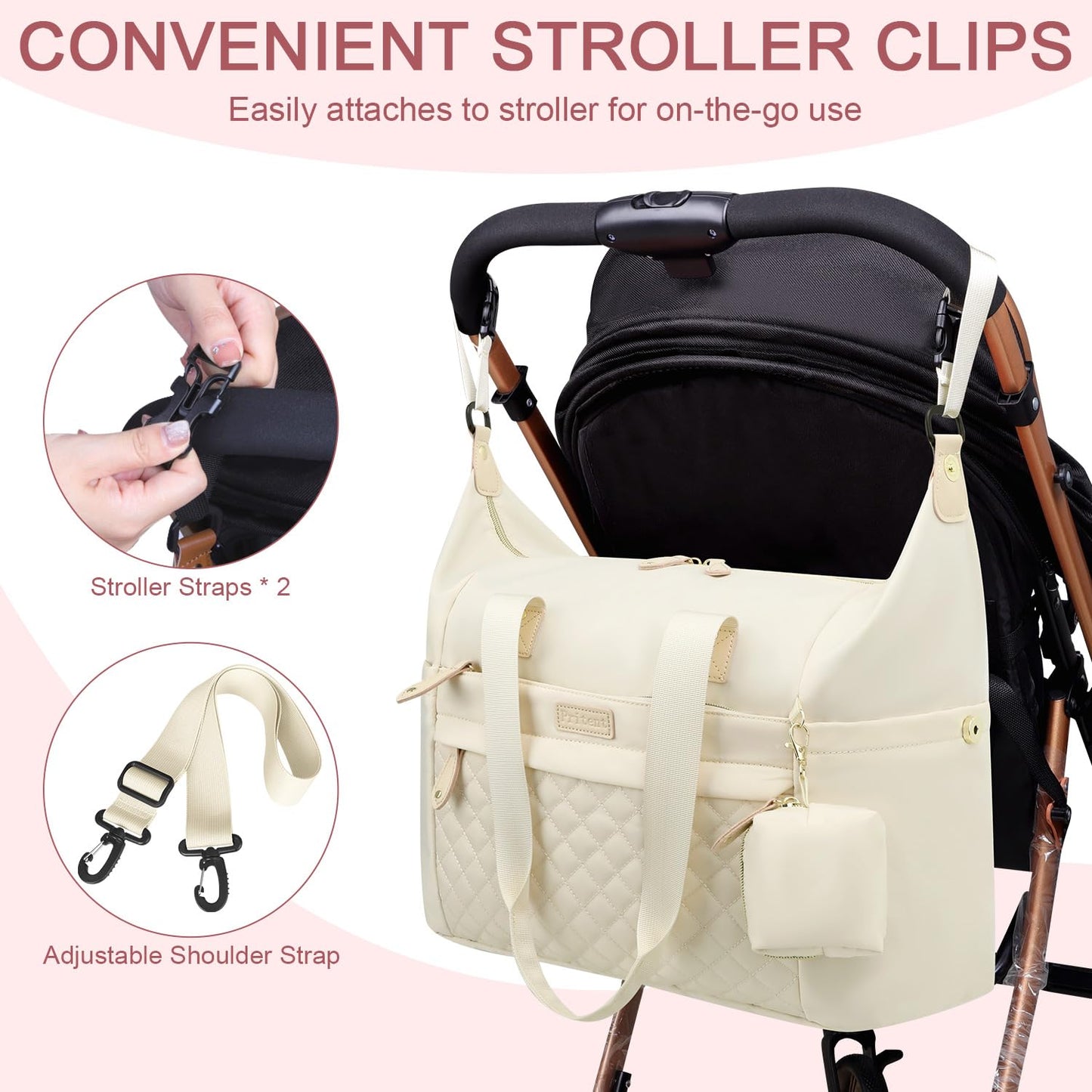 Diaper Tote - Diaper Bag with Pacifier Case, Shoulder Straps, Stroller Clips, Waterproof Mommy Bag for Mom and Dad, White