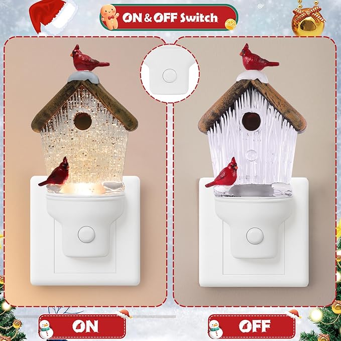2 Pack Christmas Birdhouse Night Light Plug into Wall Glitter Water Nightlight with USB/Outlet Options, Christmas Decorative Nightlight for Bedroom Kitchen Holiday Decorations Gifts (Birdhouse)