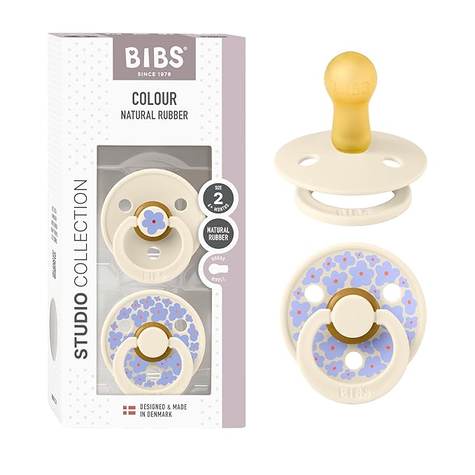 BIBS Pacifiers - Studio 2 Pack | Round Nipple Baby Pacifier | BPA Free Natural Rubber Latex Soother | Made in Denmark | Size 6+ Months | Jasmine Ivory