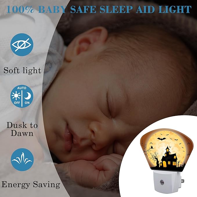 Halloween Horror Castle Night Light for Kids Girls Boys, Halloween Full Moon LED Night Light Plug into Wall with Dusk to Dawn Sensor for Bedroom, Hallway, Kitchen, Bathroom, Stairs Decor