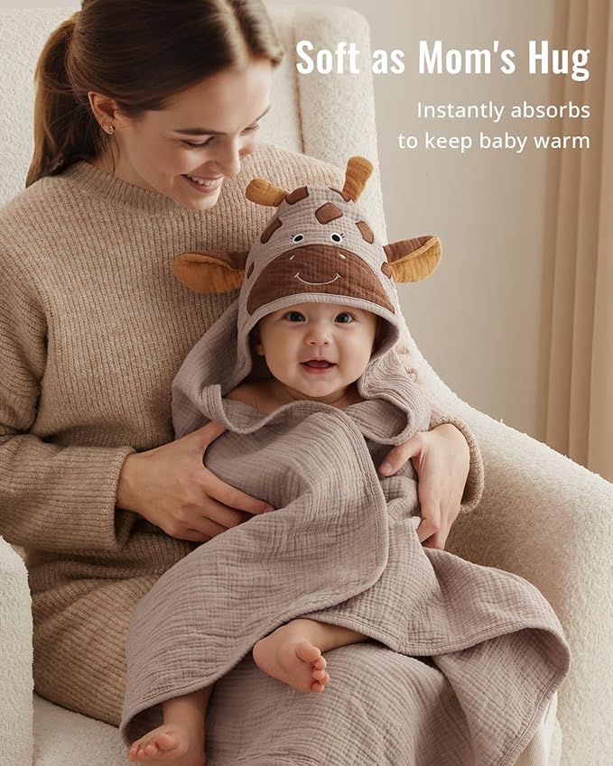 Blissful Diary Muslin Baby Hooded Towel, Soft and Absorbent Bath Towel for Newborn, Infant, Toddler, Unisex, 32″x32″ - Gentle Giraffe