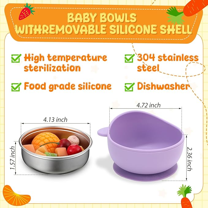 Nuogo 6 Pcs Stainless Steel Baby Bowls with Removable Silicone Shell 304 Toddler Bowls Kids Anti Scald Snack Container for Food Feeding, Dishwasher Safe(Cute Color,Suction-d)