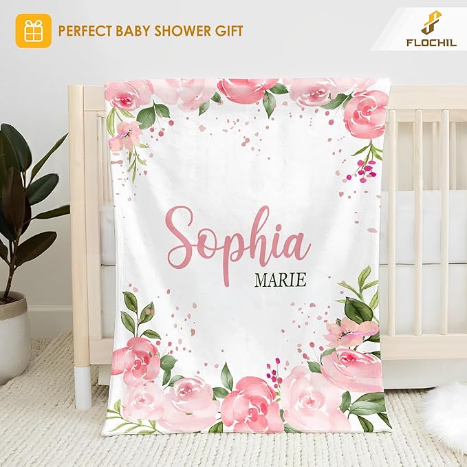 FLOCHIL Personalized Baby Blanket for Girls, Custom Baby Blanket with Name, Customized Baby Products, Gift for Baby, Newborn, Baby Shower (Floral 1)