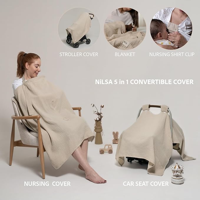 Nilsa 5-in-1 Muslin Nursing Cover up for Breastfeeding & Baby Car Seat Cover - Breathable Breastfeeding Cover With Rigid Hoop - 100% Cotton Privacy Apron Breast Feeding Covers For Women (Ecru)