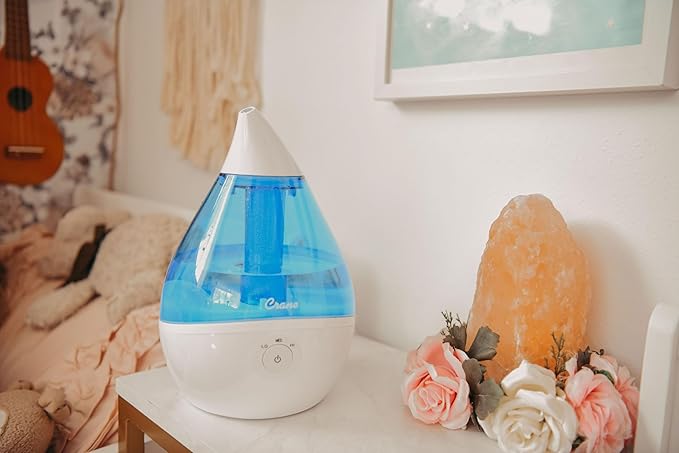 Crane Droplet Ultrasonic Teardrop Cool Mist Air Humidifier, 0.5 Gallon for Bedroom and Office, Blue and White, Nursery Humidifier