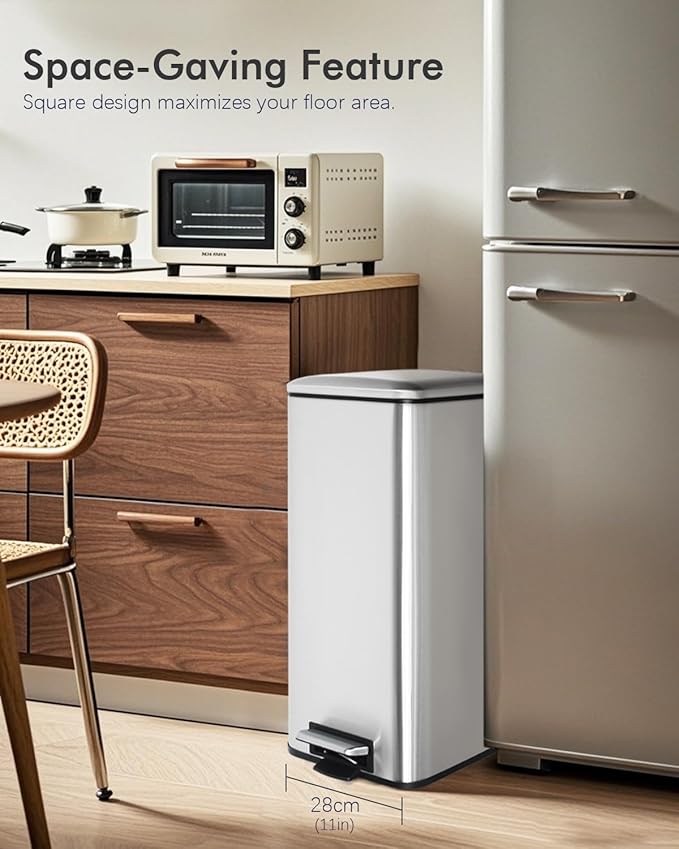 8 Gallon SquareTrash Can with Soft Close Lid, Stainless Steel Trash Can with Removal Inner Bucket, Hand -Free Trash Bin for Kitchen, Office, Laundry, Bathroom, 30 Liter Capacity, Silver