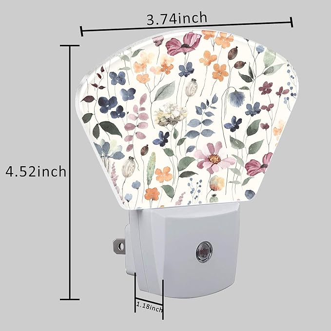 Watercolor Flowers Night Light for Kids Girls Boys, Leaves and Plants LED Night Light Plug into Wall with Dusk to Dawn Sensor for Bedroom, Hallway, Kitchen, Bathroom, Stairs Decor