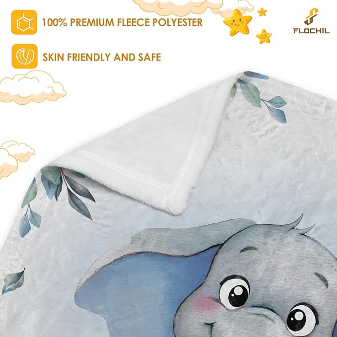 FLOCHIL Personalized Baby Blankets, Custom Baby Blanket - Baby Blanket with Name for Boys, Best Gift for Newborn Elephants Flush Fleece (30x40)