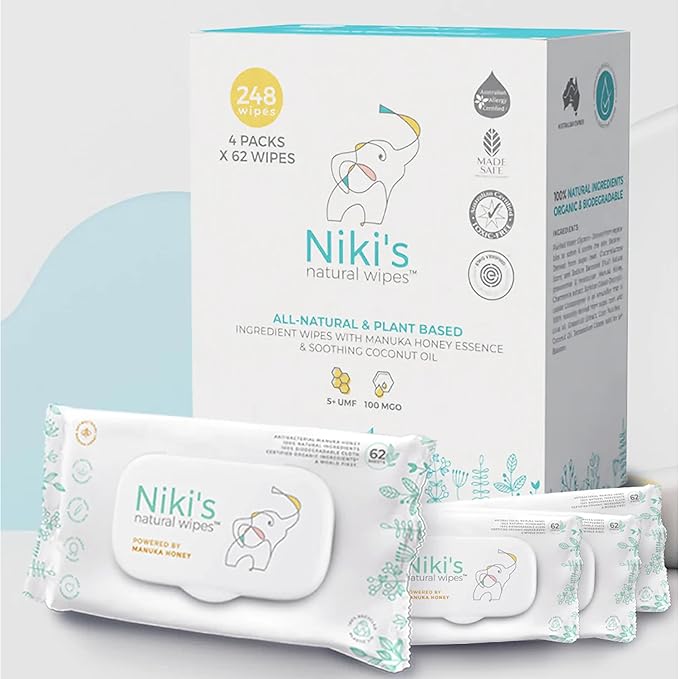 Niki's Natural Baby Wipes | Sensitive Organic Baby Wipes | Made with Manuka Honey and Coconut Oil, No Added Scents | EWG Verified | 248 Wipes (4 Pack x 62 Count Wipes)