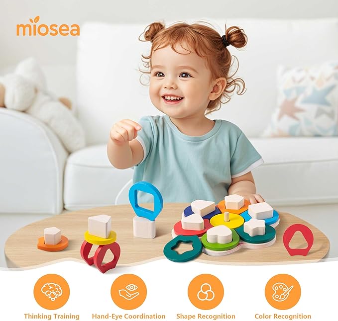 Montessori Toys for 3 to 9-Year-Old Boys Girls Toddlers, Wooden Sorting & Stacking Toys for Toddlers and Kids Preschool, Educational Color Recognition Shape Sorter, Learning Puzzles Gift