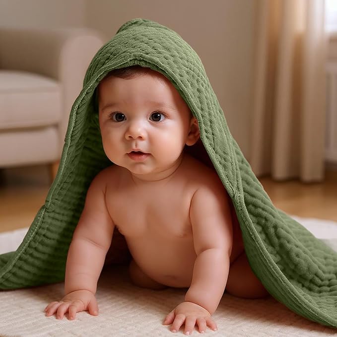 Peryiter 6 Pcs Muslin Hooded Baby Towels, 32"x 32" Cotton Newborn Bath Towel Muslin Infant Baby Blankets Absorbent Unisex Newborn Registry Gift Essentials for Girls Boys (Dark Color Series)