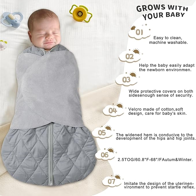 Newborn Sleep Sack Baby Swaddle,3-Way Adjustable Wearable Blanket,Swaddling Sleeping Bag,TOG 2.5 (Gray, 0-3 Months)