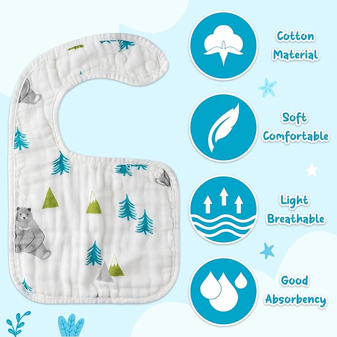 Zainpe 6Pcs Snap Muslin Cotton Baby Bibs Bear Fox Infants Drooling Bib Soft Absorbent Adjustable Burp Cloth Machine Washable Feeding Cloths for Newborn Girl Boy Toddler Teething Eating 0 to 36 Months