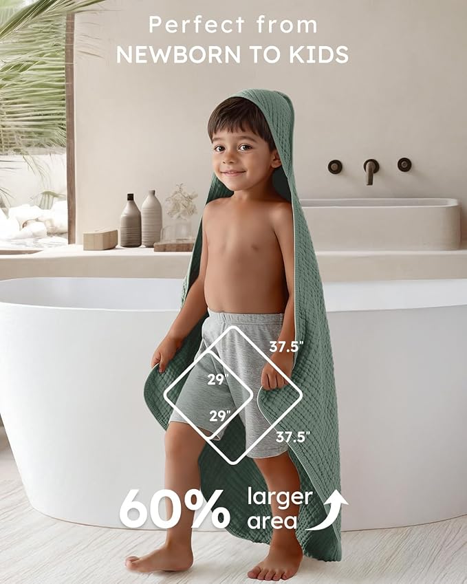 Yoofoss Hooded Baby Towels for Newborn 2 Pack 100% Muslin Organic Cotton Baby Bath Towel with Hood for Babies, Infant, Toddler and Kids,37.5“x37.5“,Soft and Absorbent Newborn Essential,Grey&Dark Green
