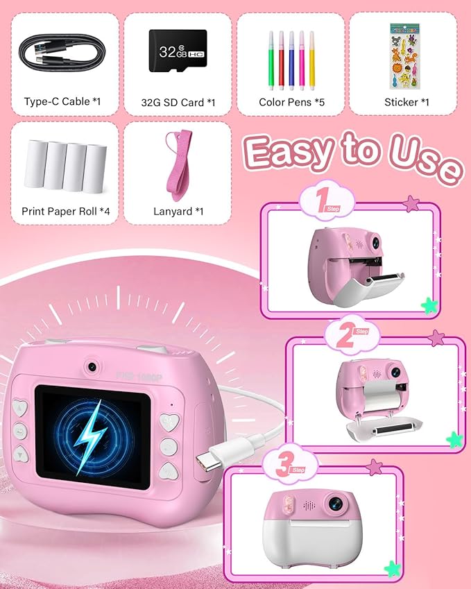 Kids Instant Print Camera Selfie Function - Front Rear Dual Kid Camera with 1080P Video for Girls Ages 3-12, Toddler Portable Travel Print Digital Camera for 3 4 5 6 7 8 9 10 11 12 Year Old Pink