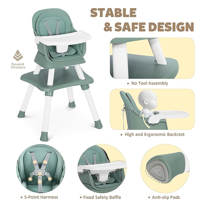 Baby High Chair, 8 in 1 Convertible Highchairs for Babies and Toddlers, Children Dining Booster Seat/Kids Building Block Table for Girls Boys, Baby Seat with Removable Tray, Green