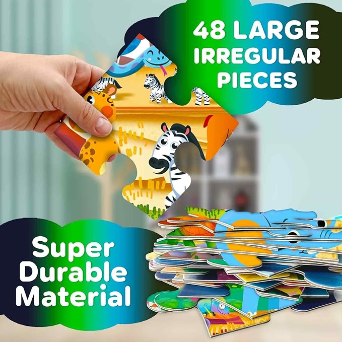 QUOKKA Floor Puzzles for Kids Ages 4–8 – 2x3 FT Giant Glow in The Dark Jigsaw – 48 Large Pieces – African Animal Safari Scene – Montessori Toy with Gift Box – Fun Learning Activity