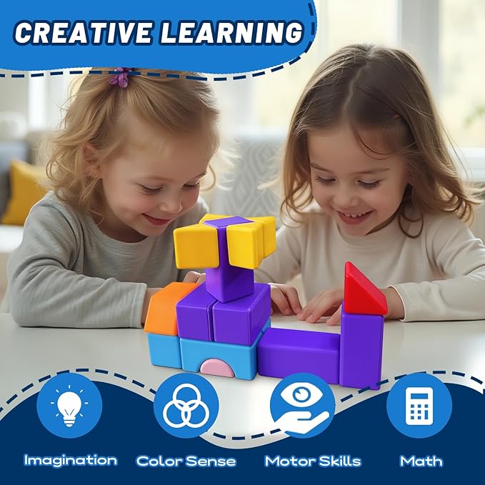 Magnetic Building Blocks for Toddlers 3+, Large Magnetic Stacking Blocks in 8 Shapes, Montessori Building Toy, Colorful Magnet Toys for Kids Ages 3-5 (22PCS)