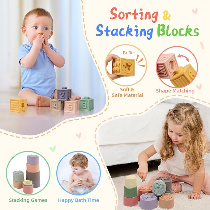 Christmas Stocking Stuffers 6 in 1 Montessori Toys for Babies 6-12 Months, Infant Sensory Pull String Toy, Fidget Spinners Soft Baby Blocks & Stacking Cups for Toddlers 1-3, Baby Gifts for 1 Year Old