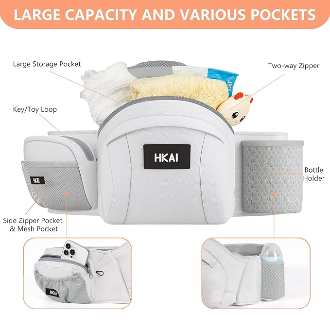 HKAI Baby Hip Carrier, Mom’s Choice Award Winner, Baby Carrier with Adjustable Waistband & Breathable Mesh, Ergonomic Carrier with Non-Slip Hip Seat Surface for Newborns & Toddlers, Light Grey
