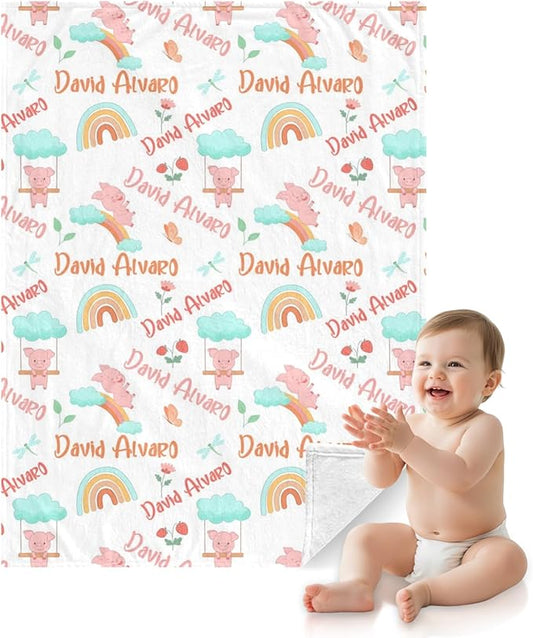 Ship Next Day Personalized Baby Blanket, Printed in USA - Custom Name Toddler Blanket with Pig Pattern, Personalized