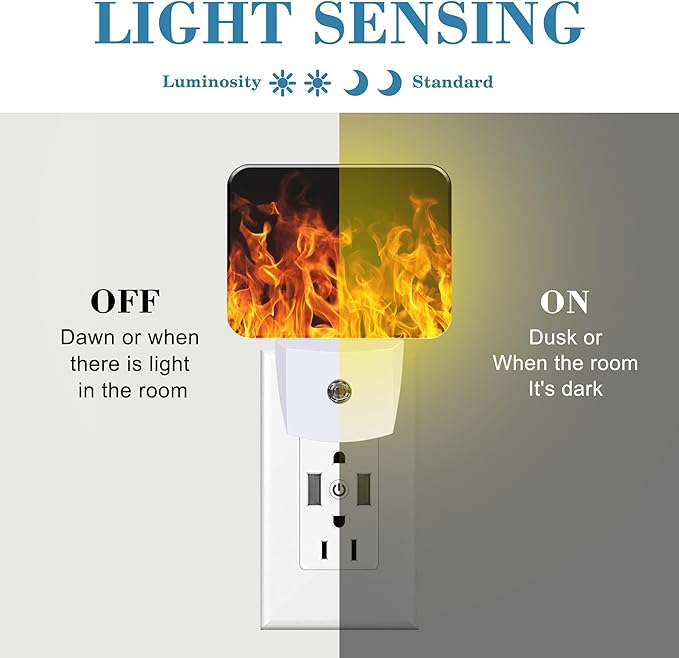Burning Flame Plug in Night Lights, Fire Flames Nightlight Plug Into Wall Dusk to Dawn Sensor for Kid Girls Boys Women Men Bedroom, Hallway, Kitchen, Bathroom, Stairs Decor
