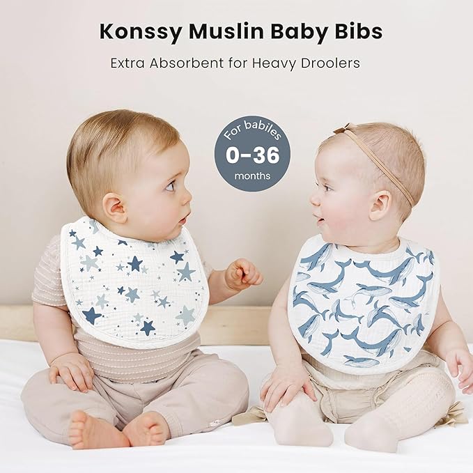 Konssy Muslin Baby Bibs 8 Pack Baby Bandana Drool Bibs Cotton for Unisex Boys and Girls, Soft Absorbent Set for Teething and Drooling