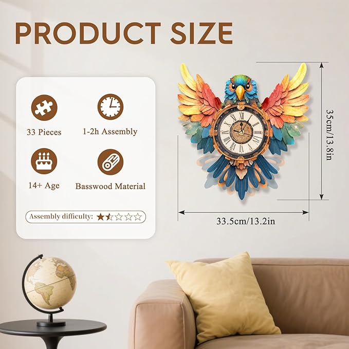 3D Puzzle for Adults Clock - Parrot Wall Clock Design Model Kit-Mechanical DIY Pendulum Clock with Roman Numerals- Desk Home Office Decor Personalized Gift for DIY Lovers