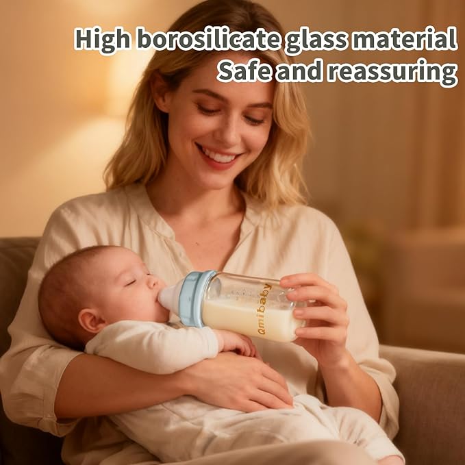 Natural Glass Baby Bottle 150ml 5oz Standard Neck Breast Milk Storage Bottles Compatible with Medela Breast Pumps for Breastmilk Storage Bottle Breastfeeding BPA-Free 4 Pack (Grey Lids)