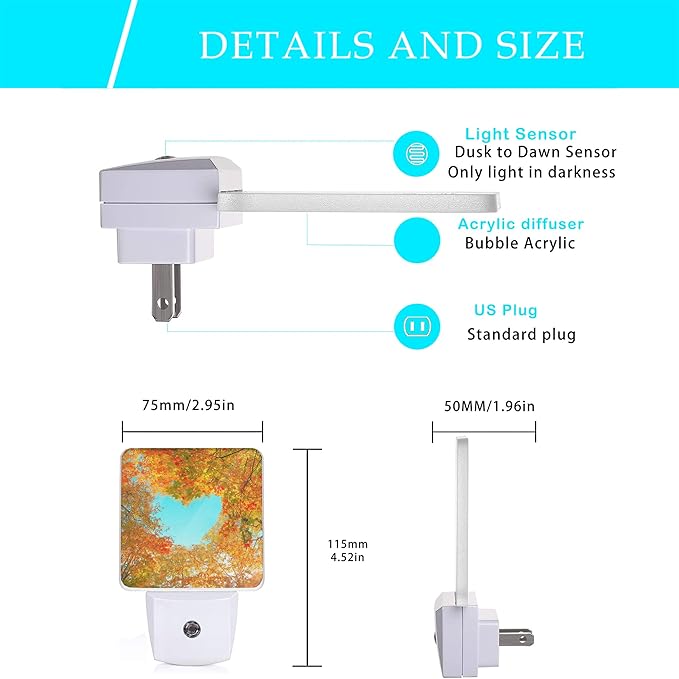 Blue Heart Sky Night Light,Autumn Red Maple Leaves Forest Trees Plug-in Night Lights with Dusk-to-Dawn Sensor for Stairway/Hallway/Bedroom Sleep Friendly Ideal for Women/Girls/Boys Gift,0.5W