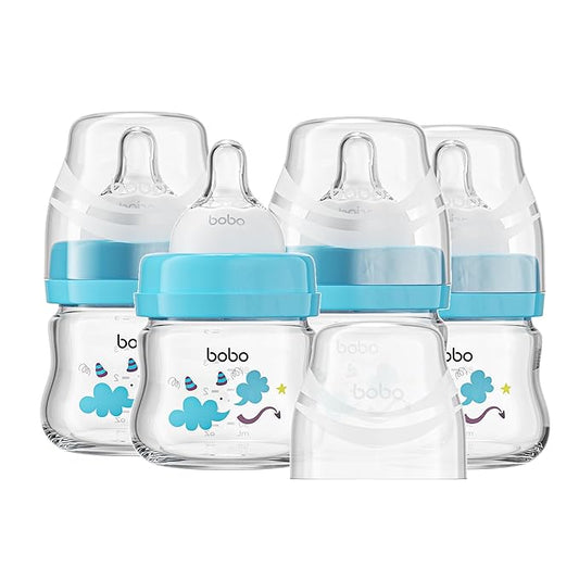 YOHKOH Glass Baby Bottles with Slow Flow Nipple, Newborn Anti-Colic Baby Bottles for 0+ Months, Wide Neck Feeding Bottle, Clear (Blue, 2.7oz (Pack of 4))