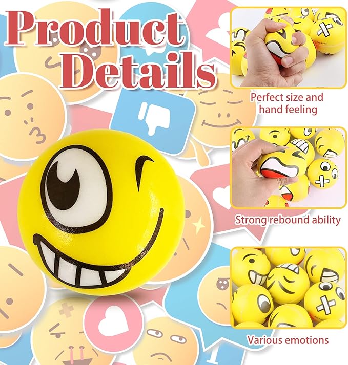 30 Pcs Face Stress Balls,2.5 Inch Funny Face Squeeze Balls,Emotion Squeeze Foam Balls,Foam Soft PU Balls for Hand Wrist Stress Reliefs Finger Exercise