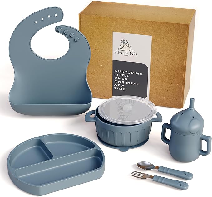 mimi & kiki BPA-Free Silicone Baby Feeding Set, Baby Plates and Bowls Set, Baby Led Weaning Supplies, Silicone Suction Plate, Baby Utensils, Bib and Cup, Self Feeding, Dishwasher Safe (Blue)