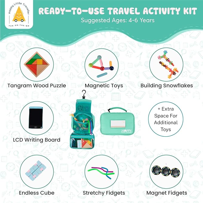 Travel Essentials for Kids – All-in-One Hanging Bag with Kid Toys, Road Trip Activities for Kids, Sensory Toys & Travel Games for Airplane Trips, Car Rides, Gifts for Boys & Girls 4+ Years (Seafoam)