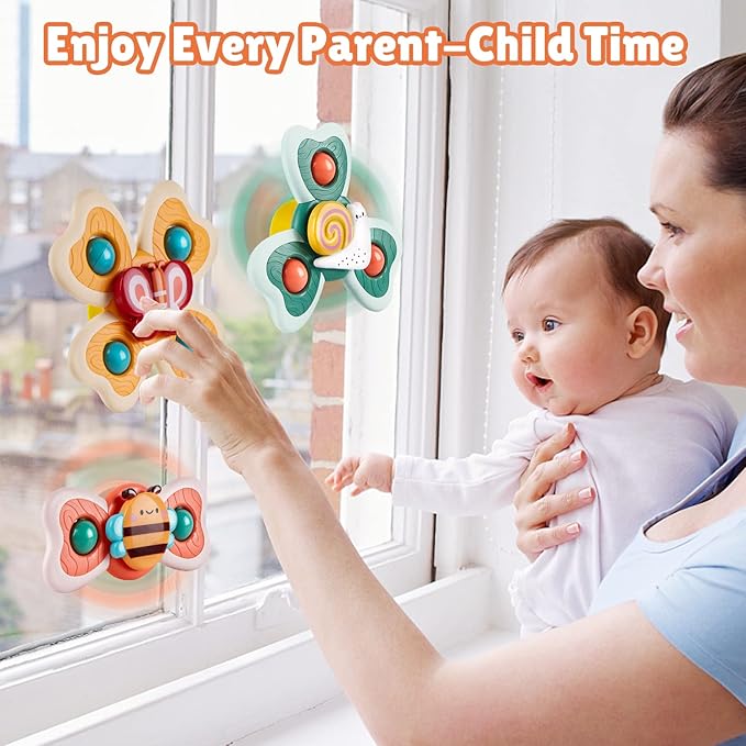TOHIBEE 3PCS Spinner Toys for 1-3 Year Old Boys & Girls - Suction Cup Spinning Toys for Toddlers & Babies 12-18 Months - First Birthday Gifts